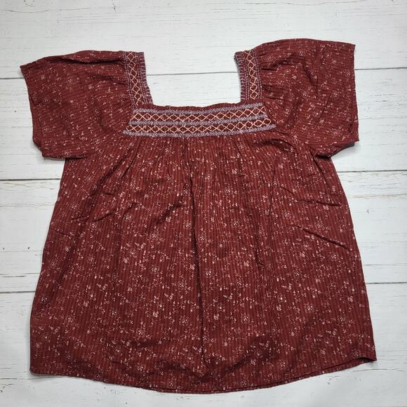 Madewell Square Neck Smocked Top Burgundy Red Embroidered Dotted Vines Small - Picture 4 of 8